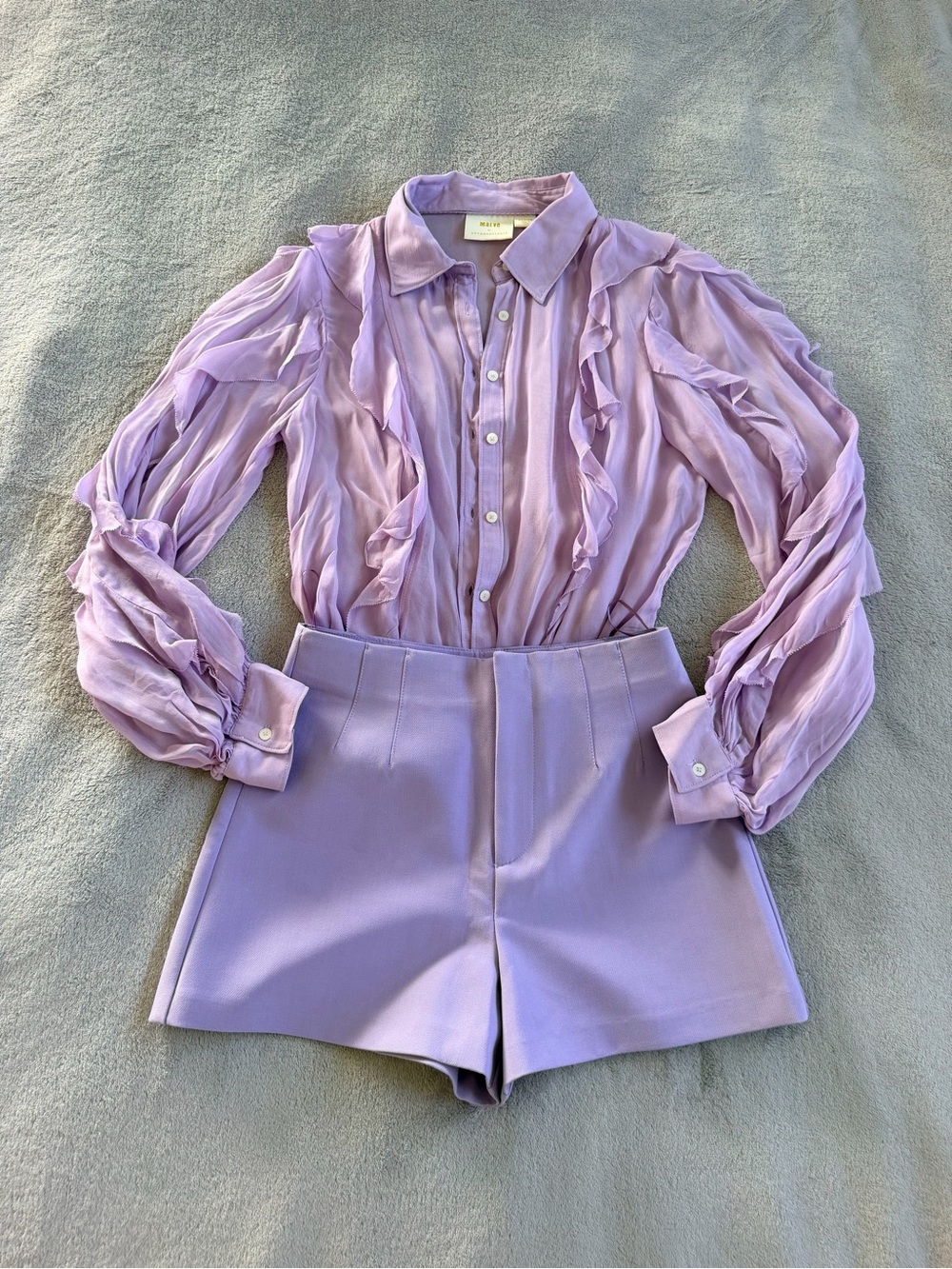 Zara Maeve Anthropology Lilac High-Waist Tailored Shorts and Blouse Top Set S